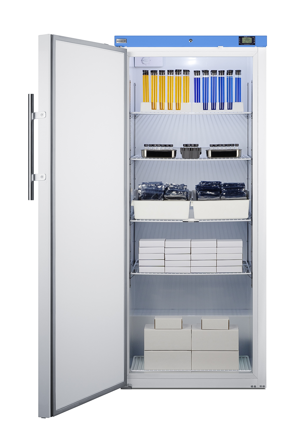 Upright manual defrost freezer with lock and external alarm/thermometer for general purpose storage applications